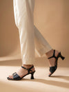 Women's Black Ankle Strap Block Heel Sandals with Metallic Buckle - Naqsheqadam
