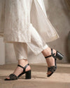 Women's Black Embellished Bow Front Heels with Ankle Strap - Naqsheqadam