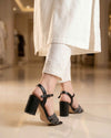 Women's Black Embellished Bow Front Heels with Ankle Strap - Naqsheqadam