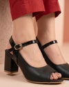Women's Black Peep-Toe Mary Jane Heels with Glossy Ankle Strap - Naqsheqadam