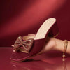 Women's Burgundy Satin Block Heel Slides with Rhinestone Bow - Naqsheqadam
