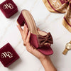 Women's Burgundy Satin Block Heel Slides with Rhinestone Bow - Naqsheqadam