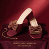 Women's Burgundy Satin Block Heel Slides with Rhinestone Bow - Naqsheqadam
