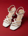 Women's White Braided Strap Block Heel Sandals with Ankle Buckle - Naqsheqadam