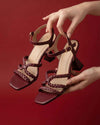 Women's White Braided Strap Block Heel Sandals with Ankle Buckle - Naqsheqadam