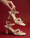 Women's White Braided Strap Block Heel Sandals with Ankle Buckle - Naqsheqadam
